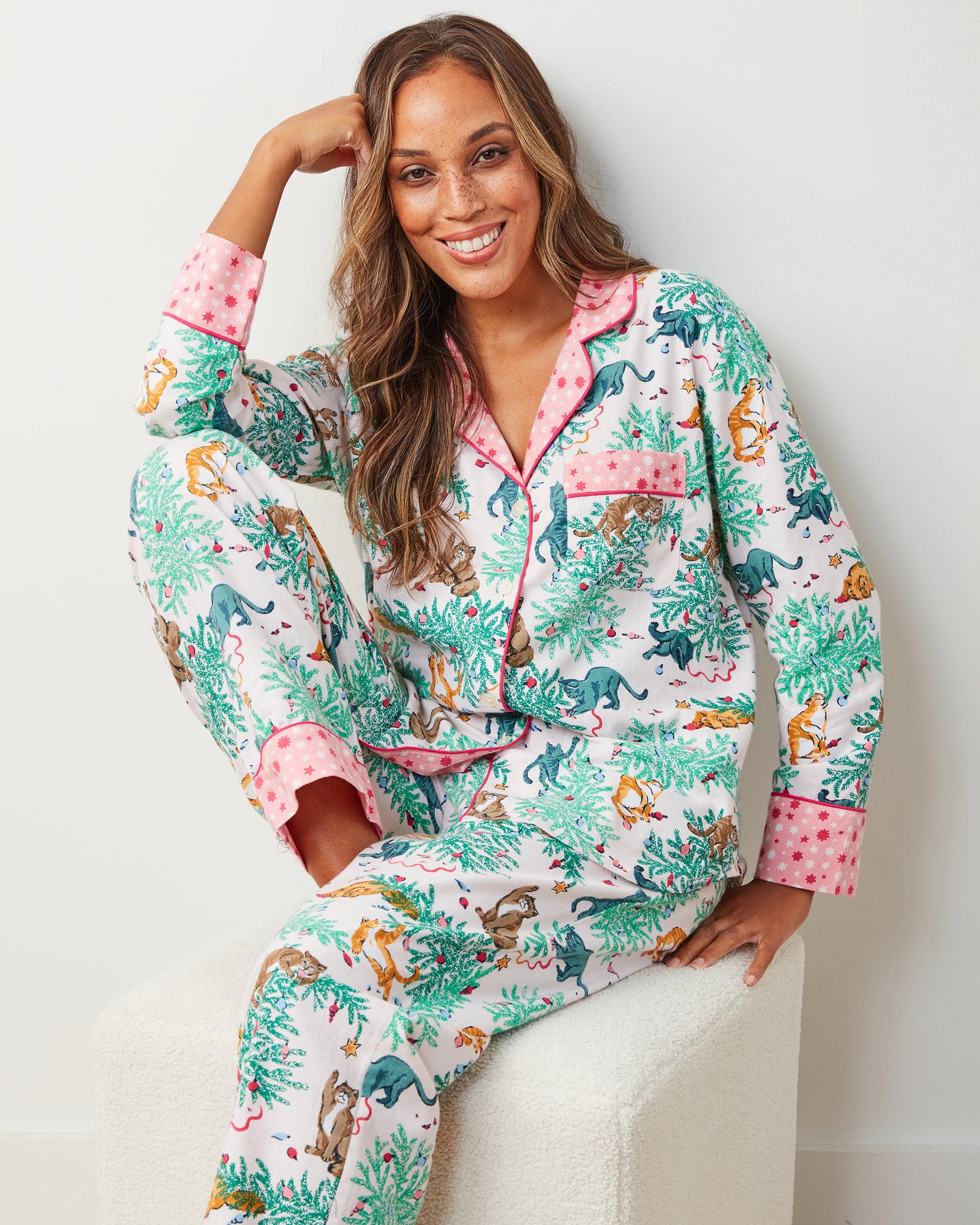 Frisky Firs - Flannel Long PJ Set - Sweet Cream - Printfresh