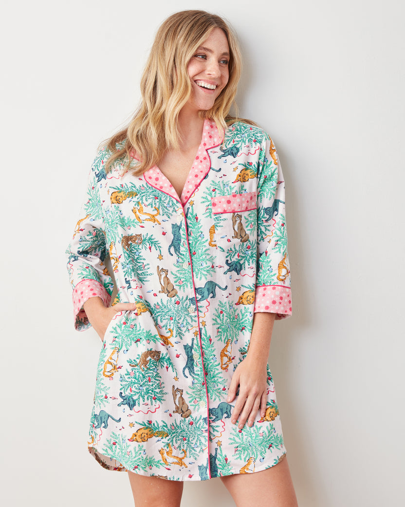 Frisky Firs - Lightweight Flannel Sleep Shirt - Sweet Cream - Printfresh