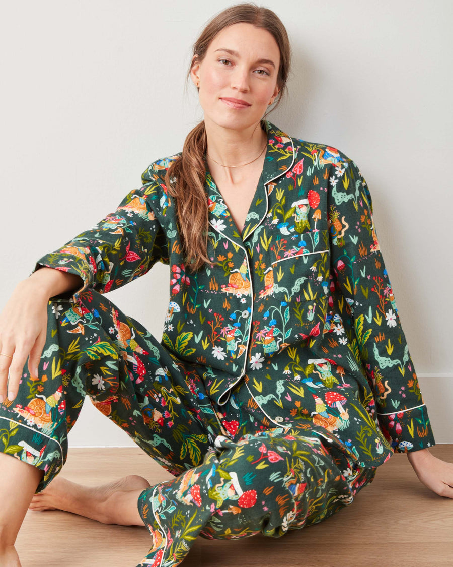 Gnome Garden - Midweight Flannel Long PJ Set - Olive Tree - Printfresh