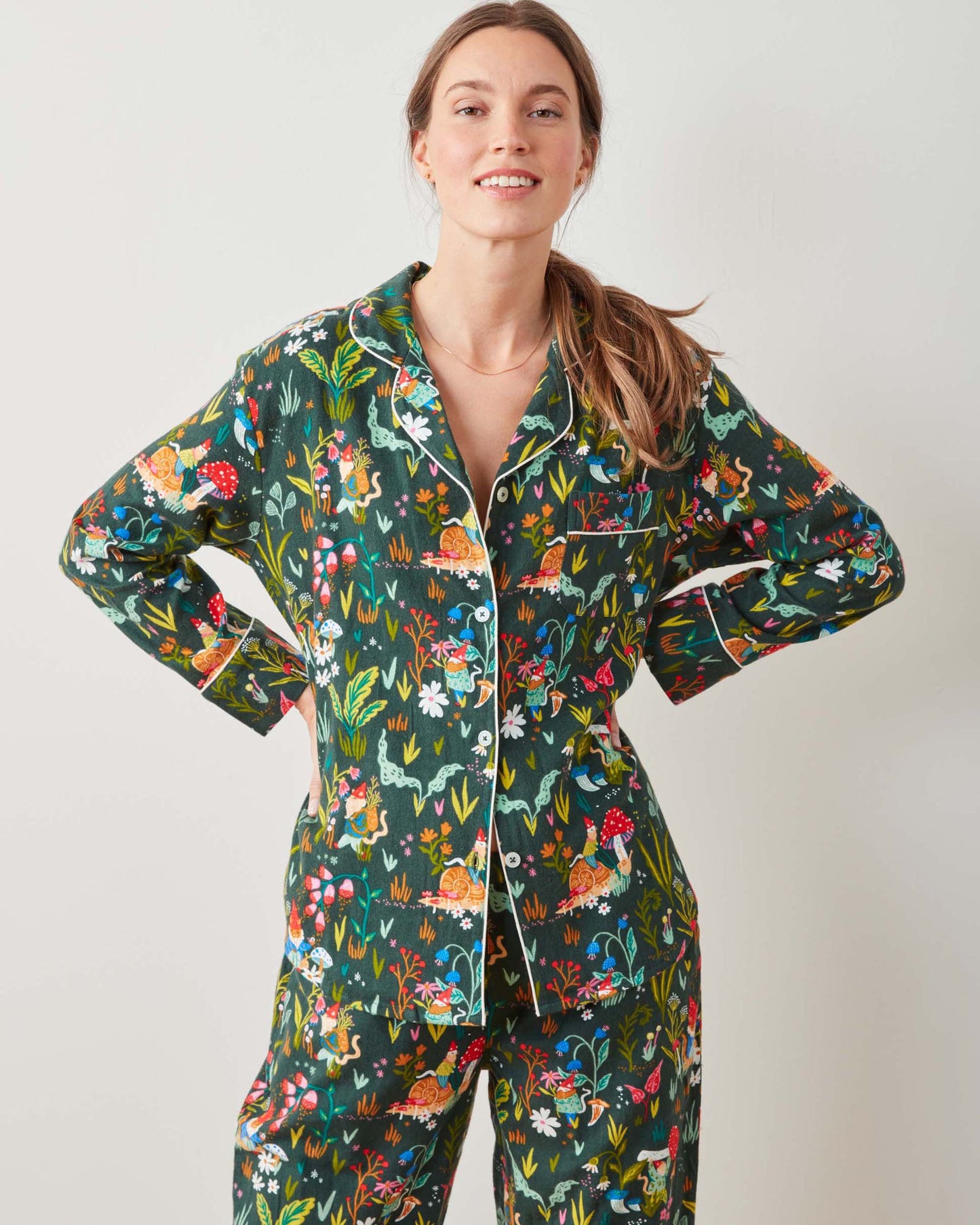 Gnome Garden - Midweight Flannel Long PJ Set - Olive Tree - Printfresh