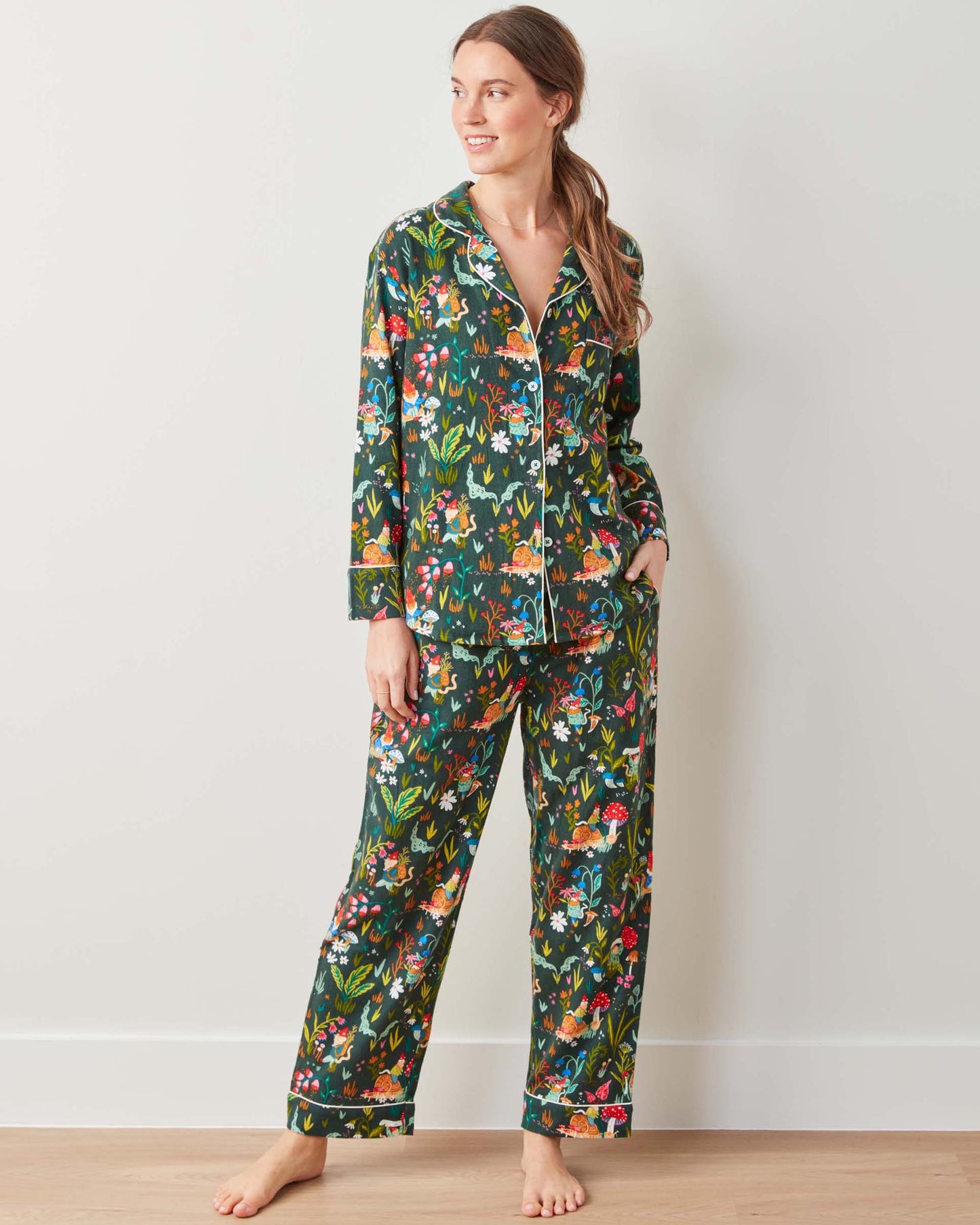 Gnome Garden - Midweight Flannel Long PJ Set - Olive Tree - Printfresh
