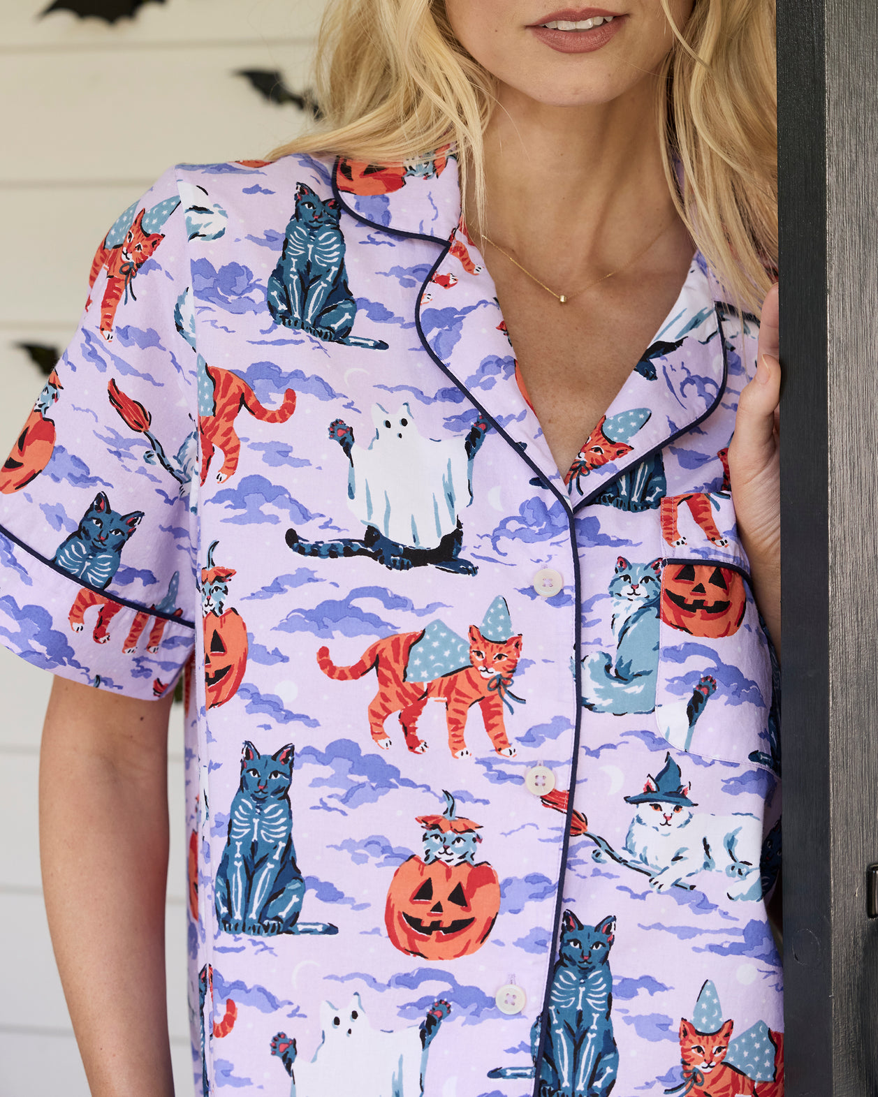 Halloween House Cats - Short Sleeve Top & Cropped Pants Set - Lavender - Printfresh