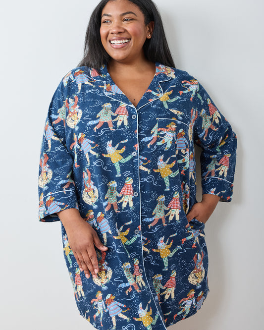 Figure Skaters - Lightweight Flannel Sleep Shirt - Frozen Pond - Printfresh