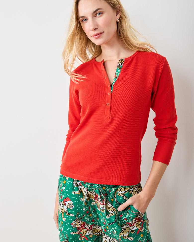 Candy Crimson - Flannel Lined Cozy Henley - Thermal - Printfresh