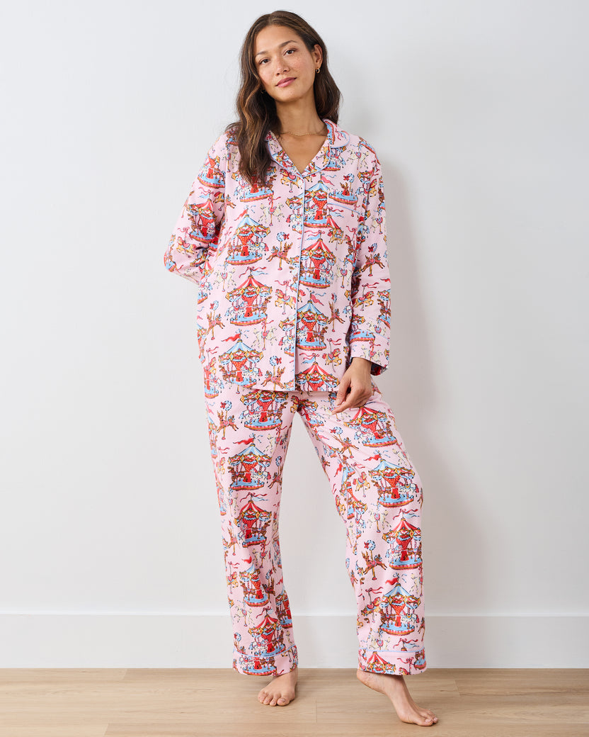 Christmas Carousel - Midweight Flannel Long PJ Set - Pink Garland - Printfresh