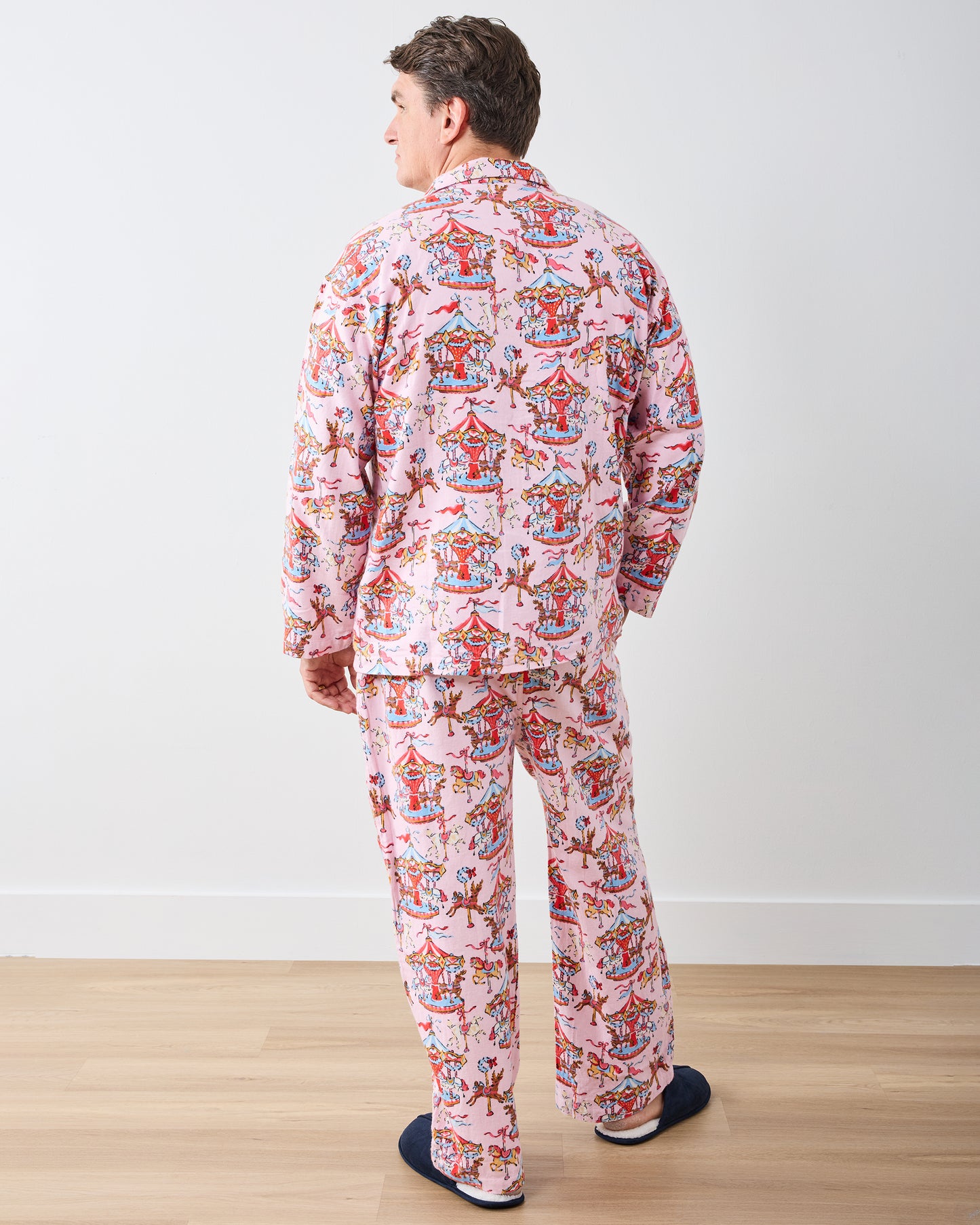 Christmas Carousel - Men's Midweight Flannel Long PJ Set - Pink Garland - Printfresh