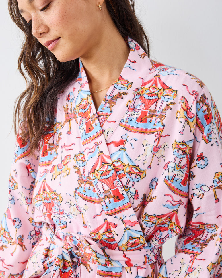 Christmas Carousel - Midweight Flannel Long Robe - Pink Garland - Printfresh