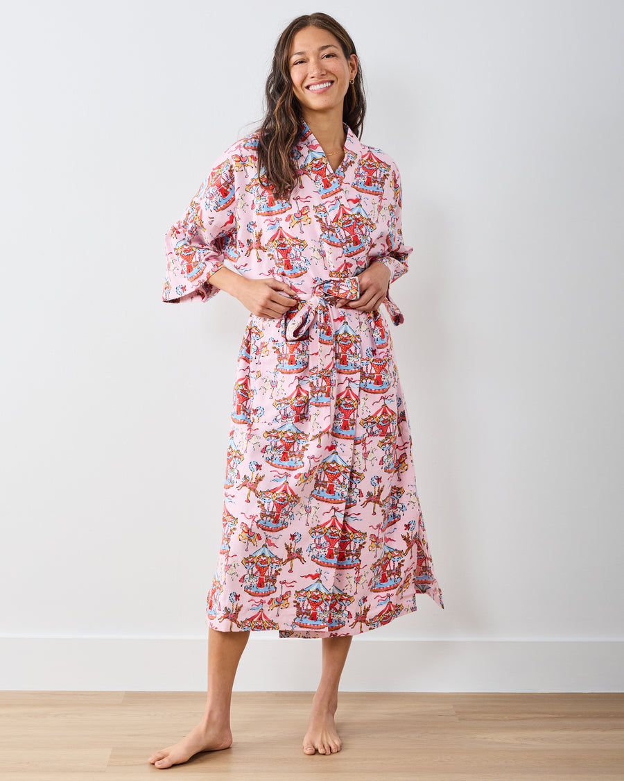 Christmas Carousel - Midweight Flannel Long Robe - Pink Garland - Printfresh