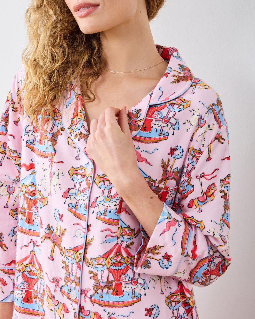 Christmas Carousel - Midweight Flannel Sleep Shirt - Pink Garland - Printfresh