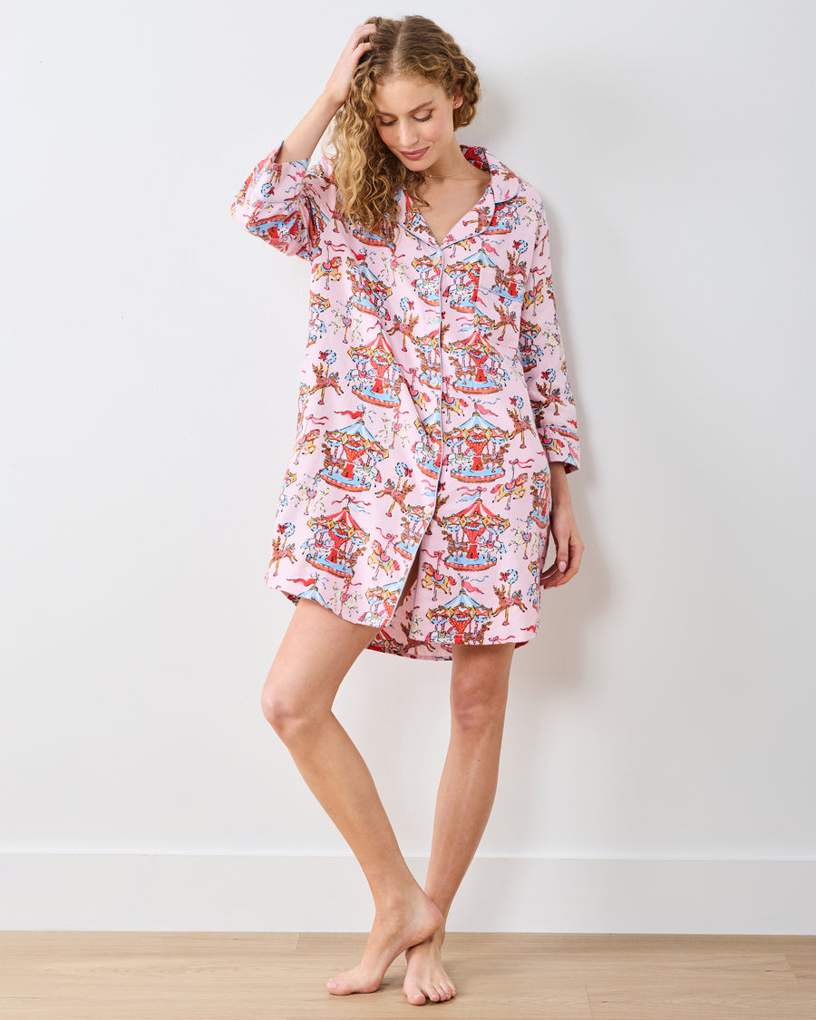 Christmas Carousel - Midweight Flannel Sleep Shirt - Pink Garland - Printfresh