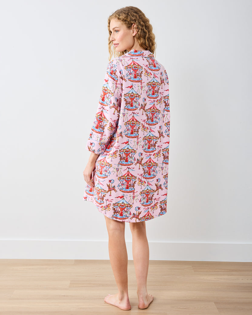 Christmas Carousel - Midweight Flannel Sleep Shirt - Pink Garland - Printfresh