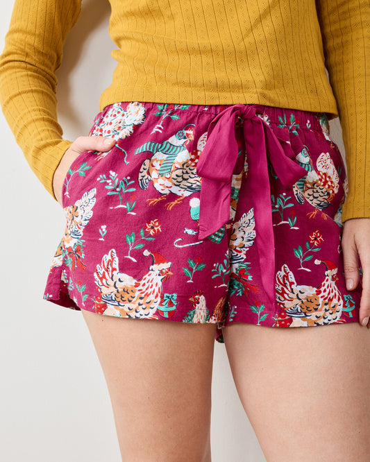 Holiday Hens - Lightweight Flannel Astrid Short - Burgundy - Printfresh