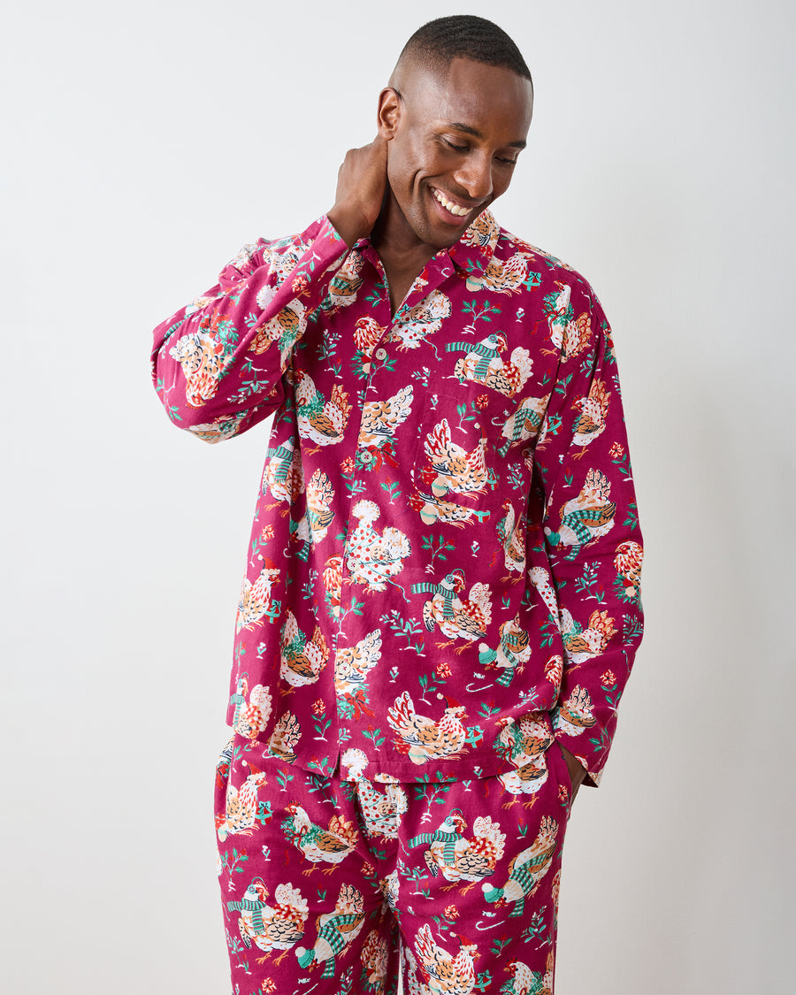 Holiday Hens - Men's Lightweight Flannel Long PJ Set - Burgundy - Printfresh
