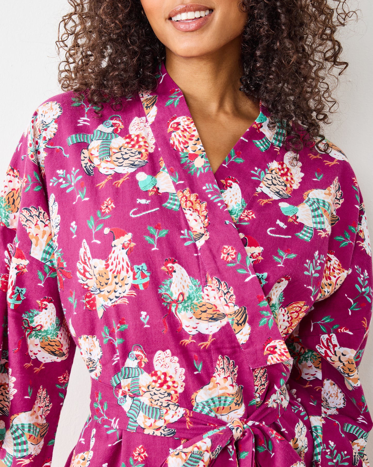 Holiday Hens - Lightweight Flannel Long Robe - Burgundy - Printfresh