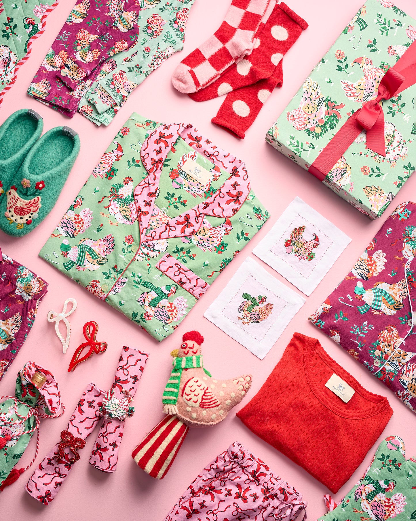 Holiday Hens - Long PJ Set - Sage