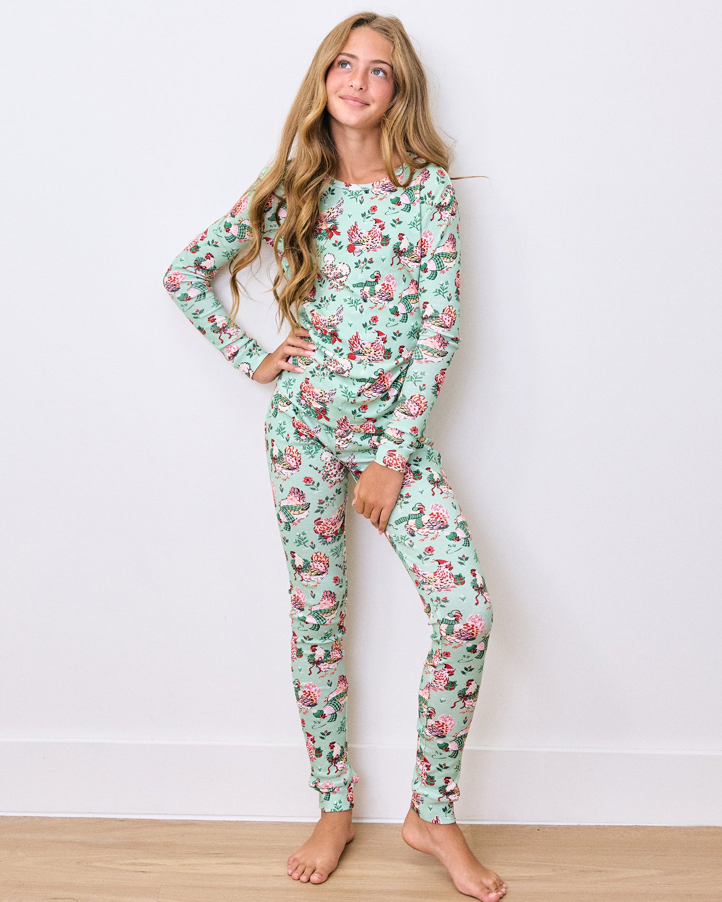 Holiday Hens - Kids Snug Fit PJ Set - Sage - Printfresh