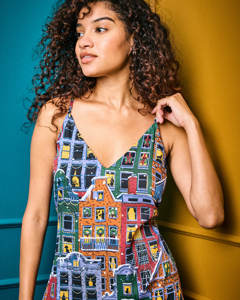 Manhattan Christmas - Eco Satin Chic To Sleep Nightie - Cozy Brownstone - Printfresh