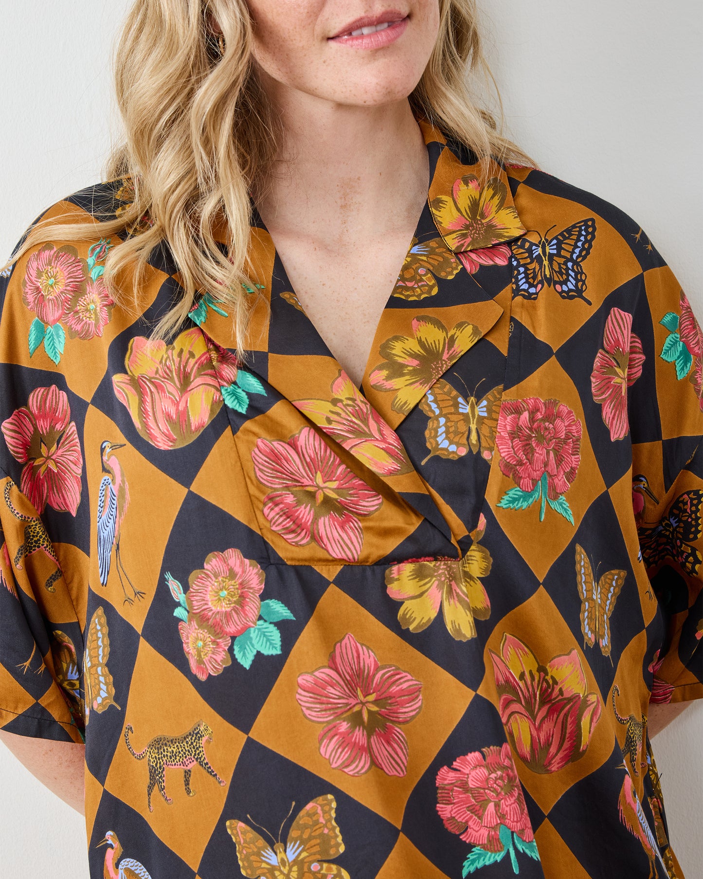 Botanical Checkerboard - Eco Satin Brigitte Nightgown Set - Caramel - Printfresh