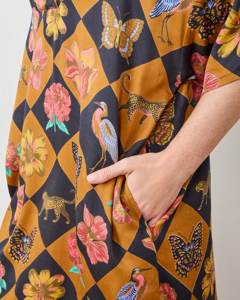 Botanical Checkerboard - Eco Satin Brigitte Nightgown Set - Caramel - Printfresh