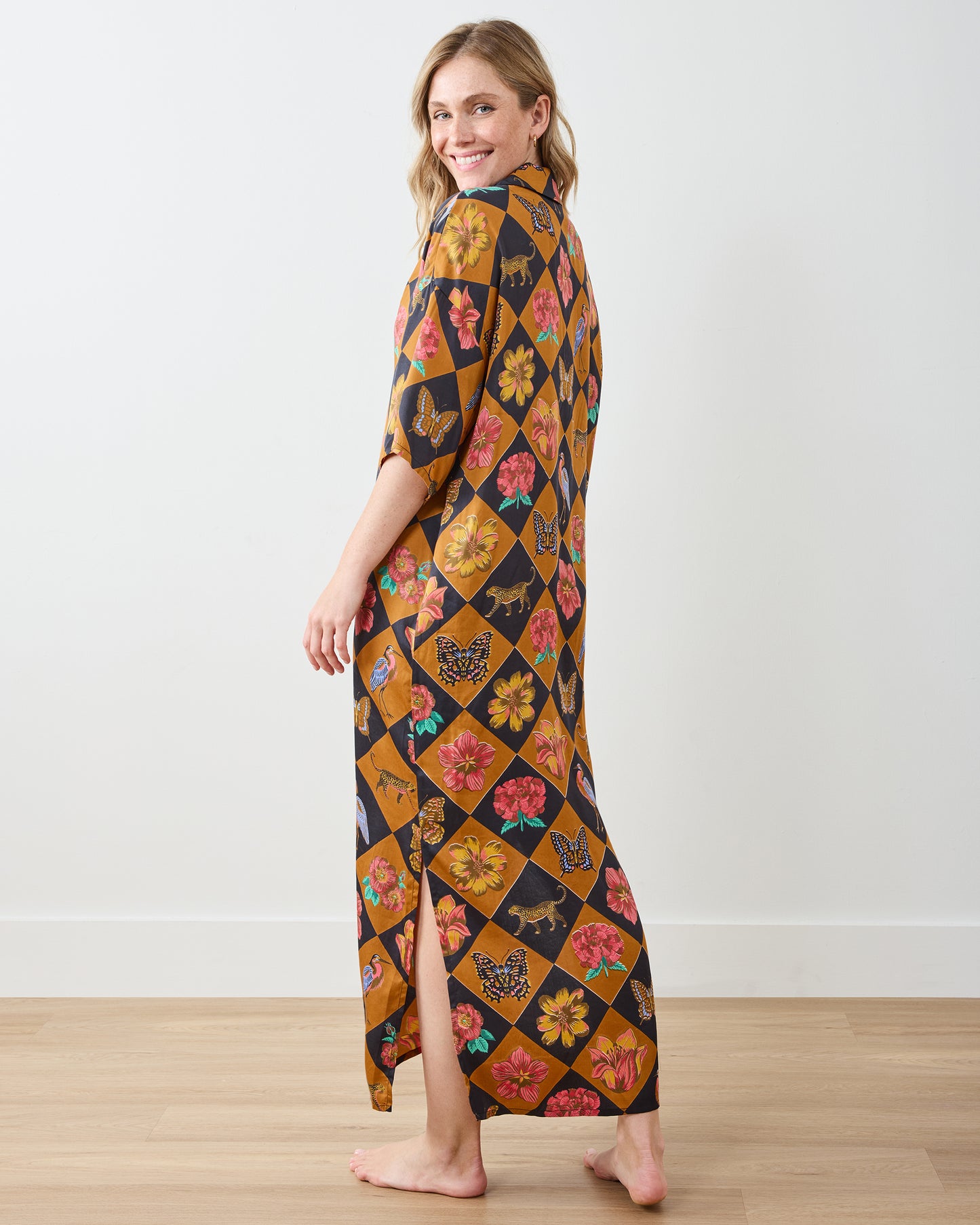 Botanical Checkerboard - Eco Satin Brigitte Nightgown Set - Caramel - Printfresh