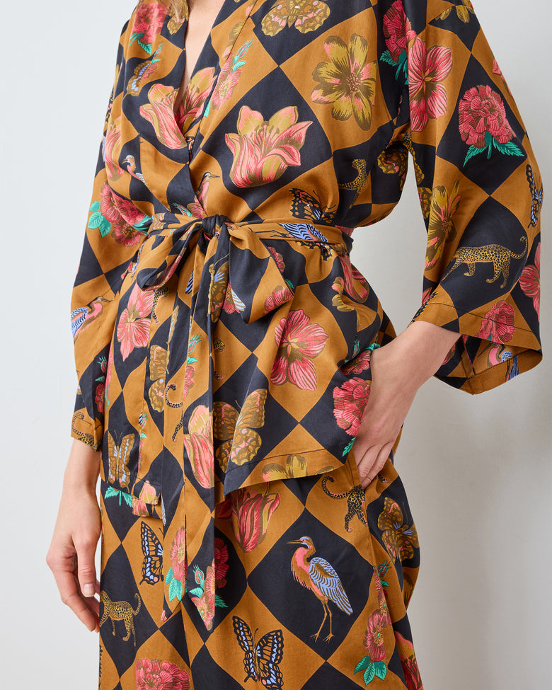 Botanical Checkerboard - Eco Satin Wrap PJ Set - Caramel - Printfresh