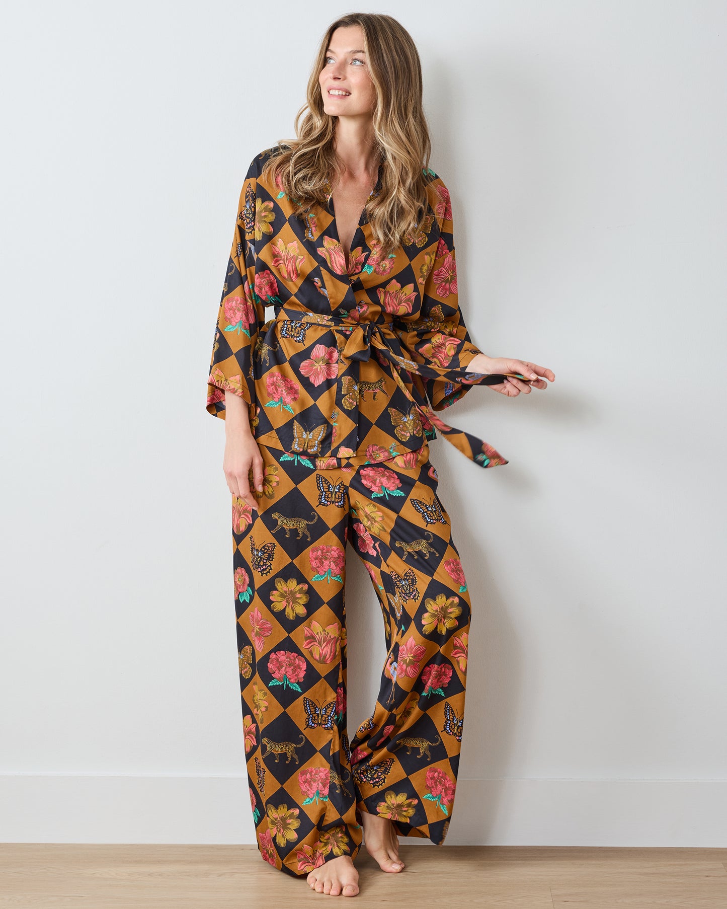 Botanical Checkerboard - Eco Satin Wrap PJ Set - Caramel