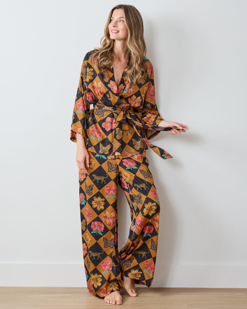Botanical Checkerboard - Eco Satin Wrap PJ Set - Caramel - Printfresh