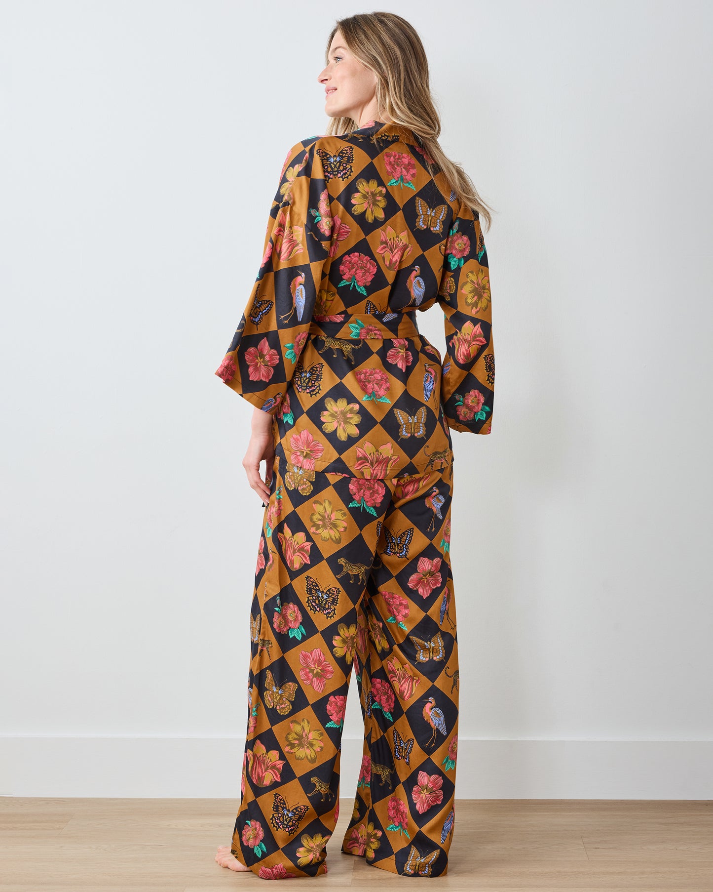 Botanical Checkerboard - Eco Satin Wrap PJ Set - Caramel - Printfresh