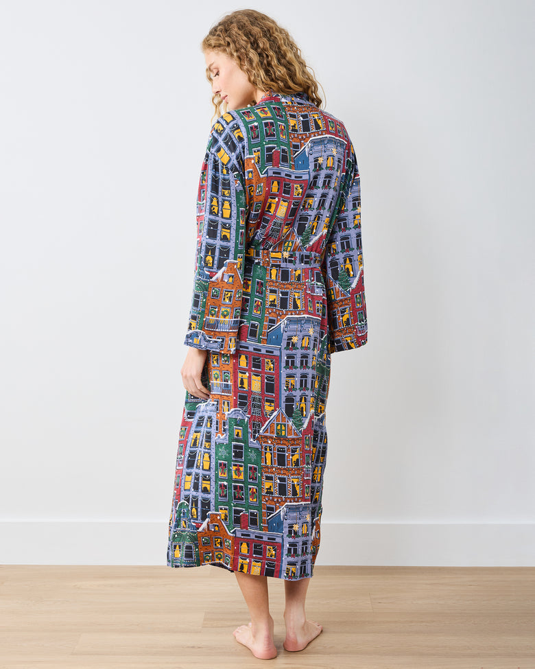 Manhattan Christmas - Eco Satin Joni Robe - Cozy Brownstone - Printfresh
