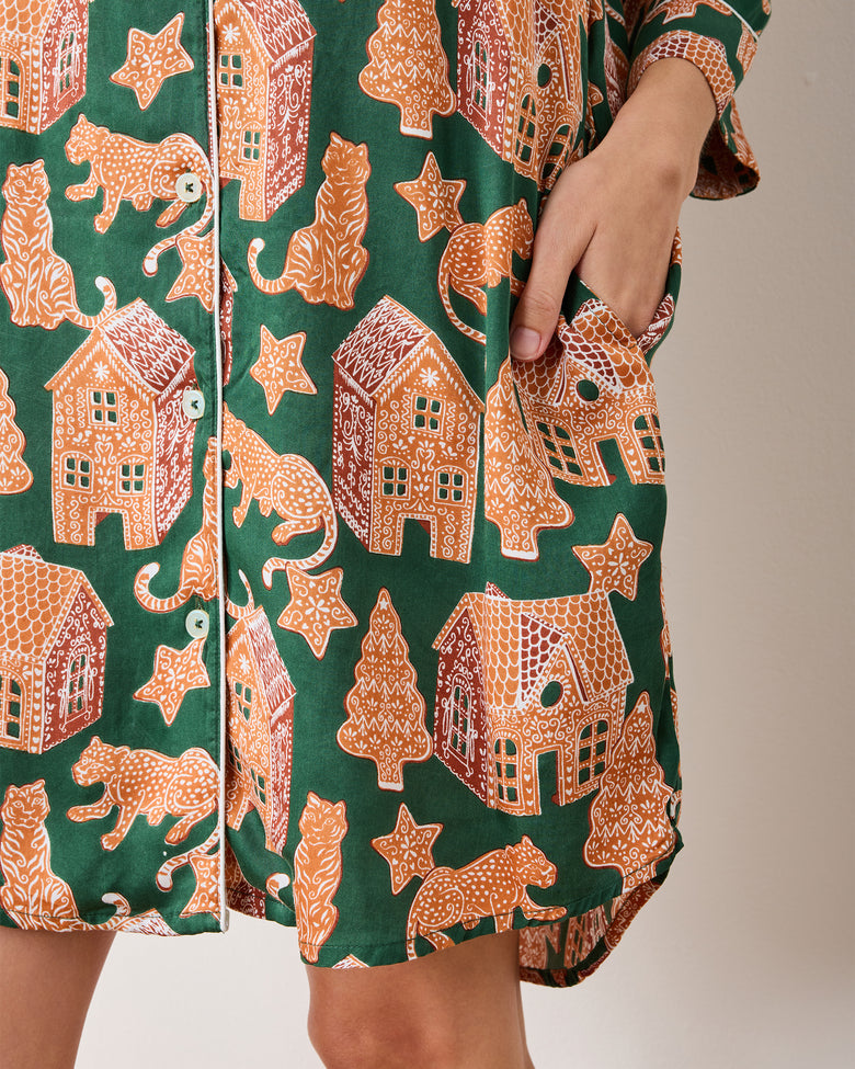 Gingerbread Party - Eco Satin Sleep Shirt - Hunter Green - Printfresh