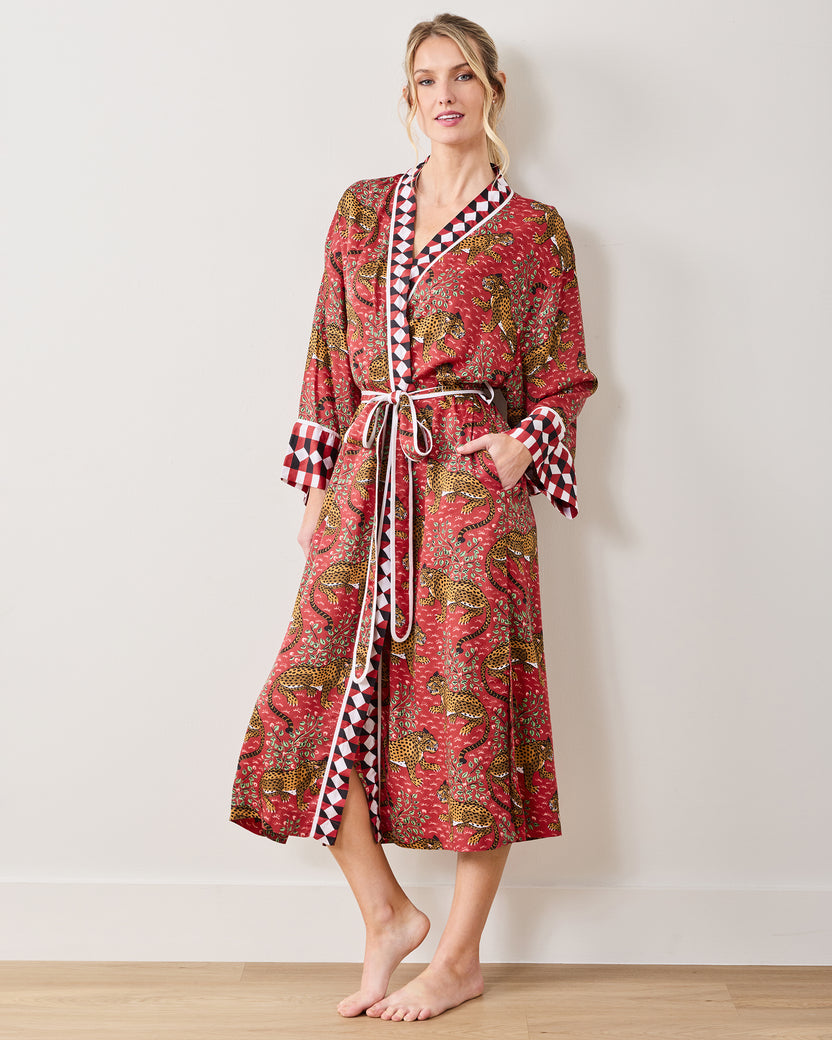 Full-length front view of the Scarlet Bagheera leopard-print robe with contrasting trim, tie belt, and pockets.