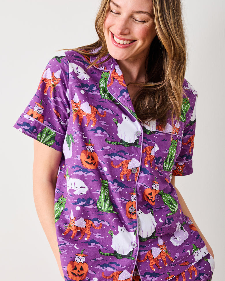 Halloween House Cats - Short Sleeve Top & Cropped Pants Set - Purple Tonic - Printfresh