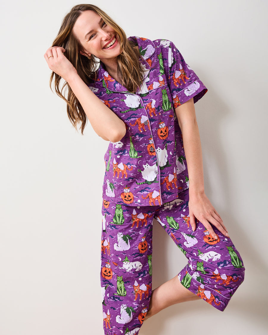 Halloween House Cats - Short Sleeve Top & Cropped Pants Set - Purple Tonic - Printfresh