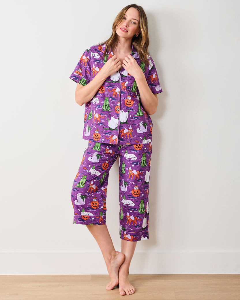 Halloween House Cats - Short Sleeve Top & Cropped Pants Set - Purple Tonic - Printfresh