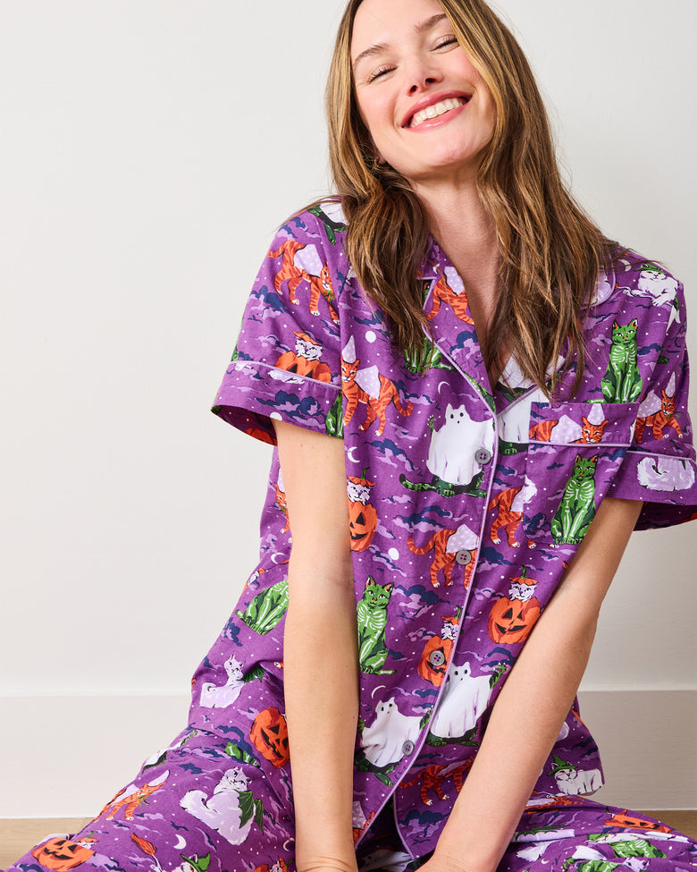 Halloween House Cats - Short Sleeve Top & Cropped Pants Set - Purple Tonic - Printfresh