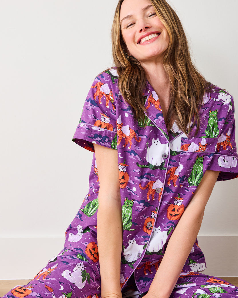 Halloween House Cats - Short Sleeve Top & Cropped Pants Set - Purple Tonic - Printfresh