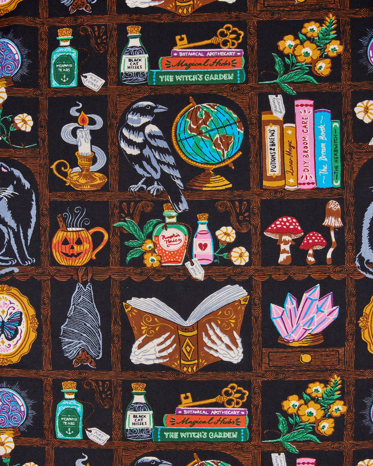Enchanted Study print showing books, bottles, candles, a raven, a globe, mushrooms, crystals, and other cabinet-of-curiosities motifs.