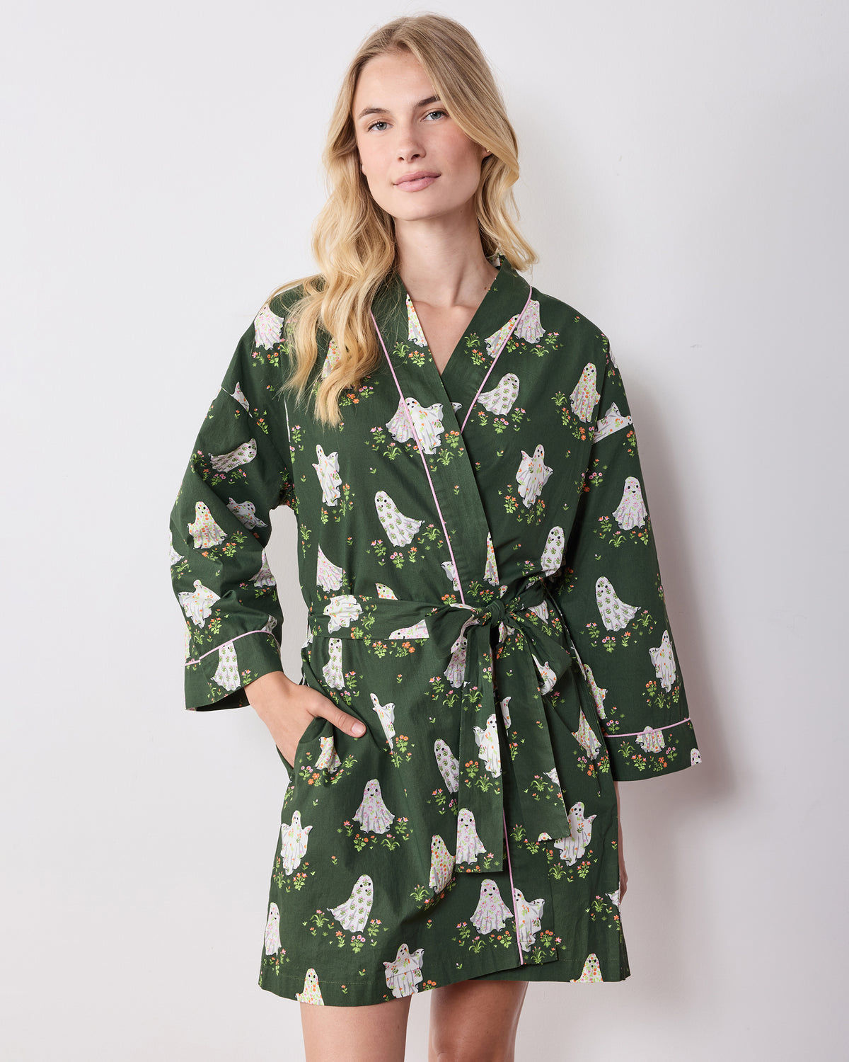 Front view of the Gardening Ghosts short robe with a tied belt, contrasting piping, long sleeves, and side pockets.