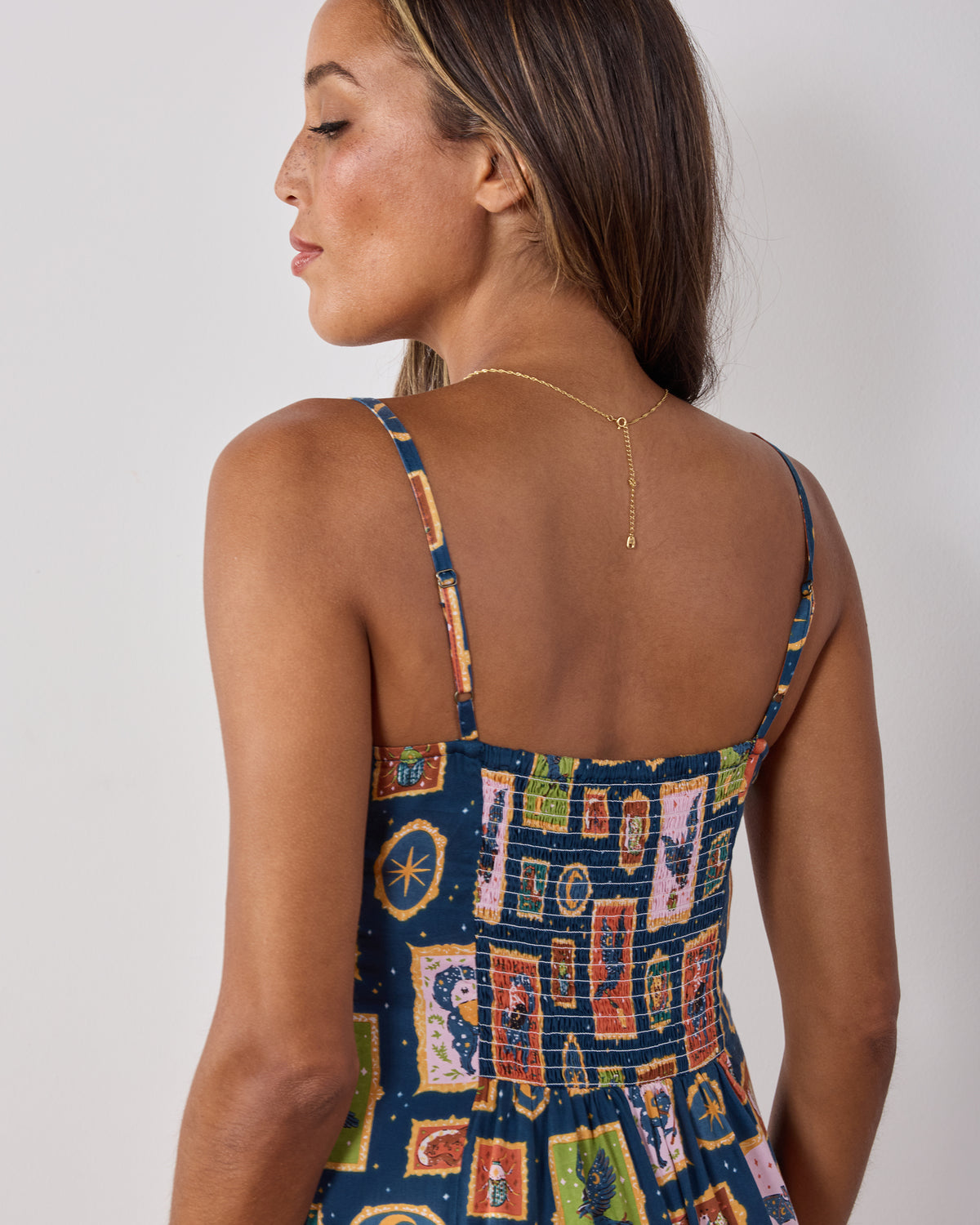 Back view of the Midnight Gallery Eco Satin nightie showing adjustable straps and a smocked back panel.