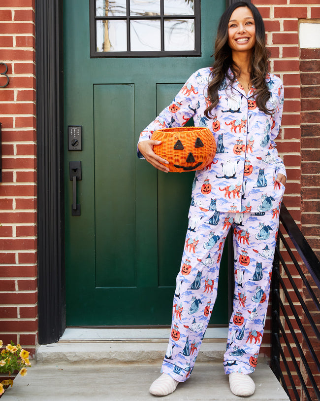 Halloween House Cats - Long PJ Set - Lavender - Printfresh