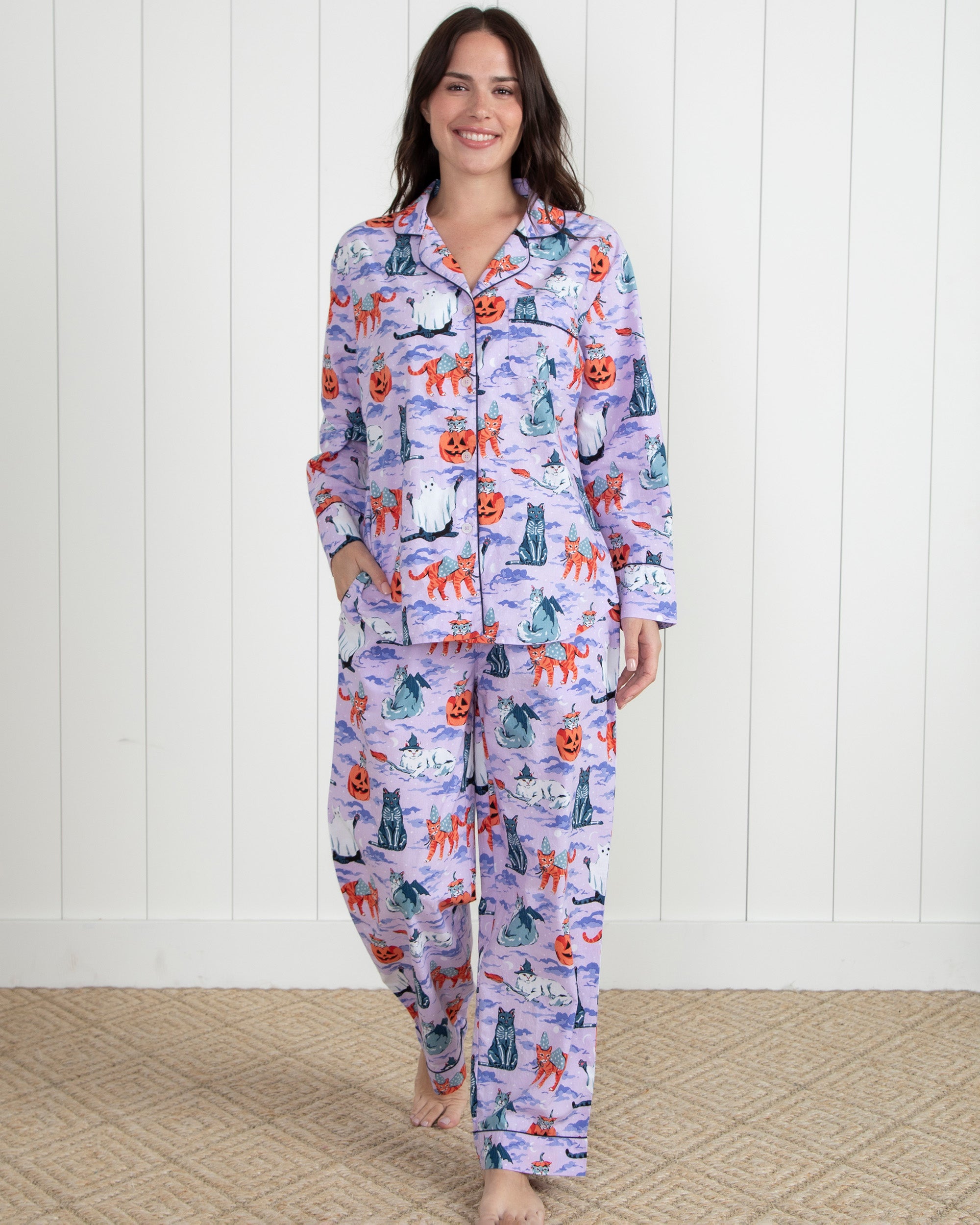 Halloween House Cats - Women's Organic Cotton Long PJ Set - Lavender