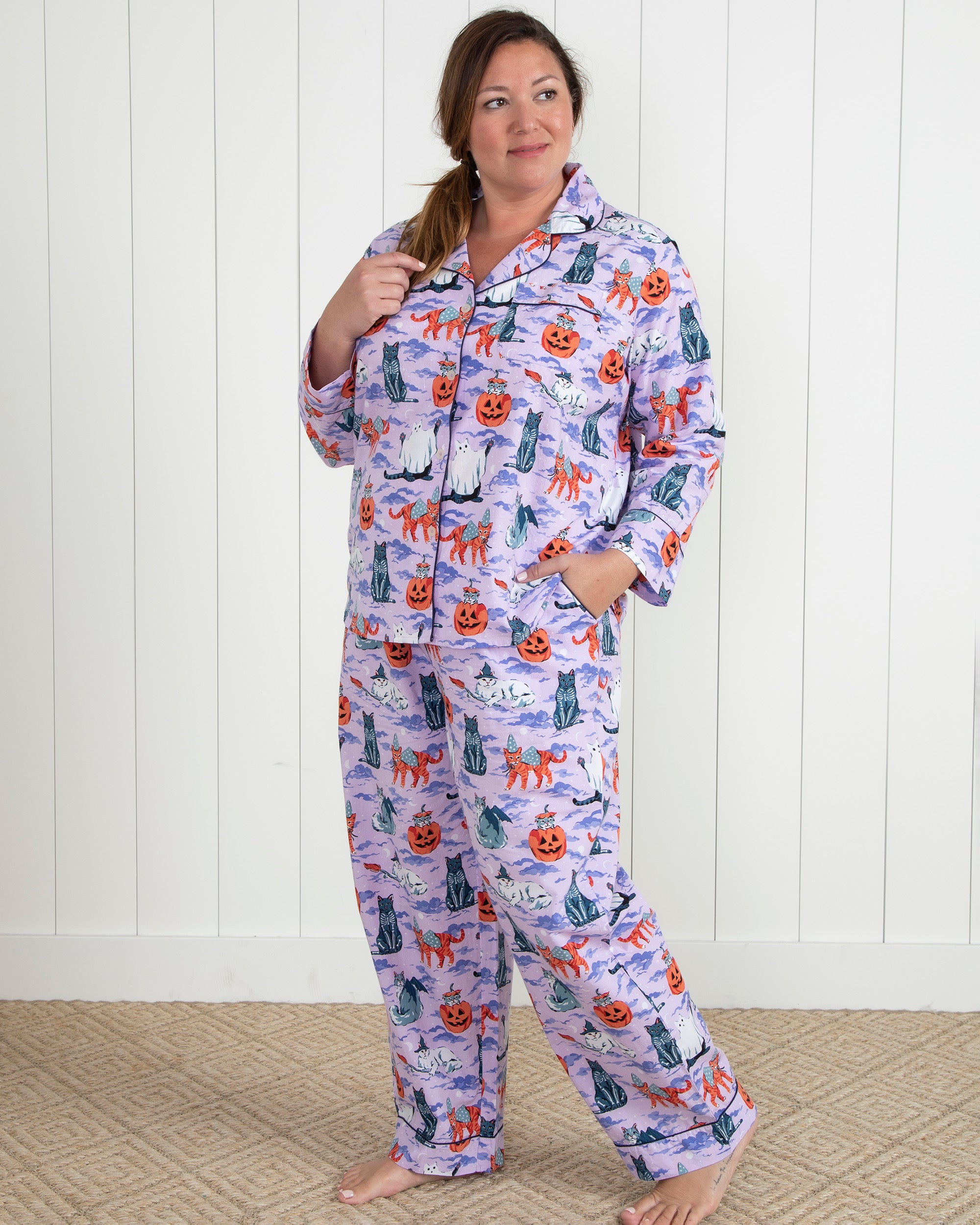 Halloween House Cats - Petite Long PJ Set - Lavender - Printfresh