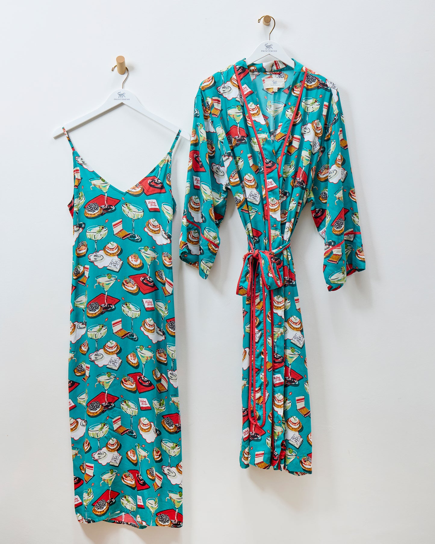 Blinis & Martinis - Eco Satin Chic To Sleep Nightie & Robe Bundle - Mid-Century Blue  - Printfresh