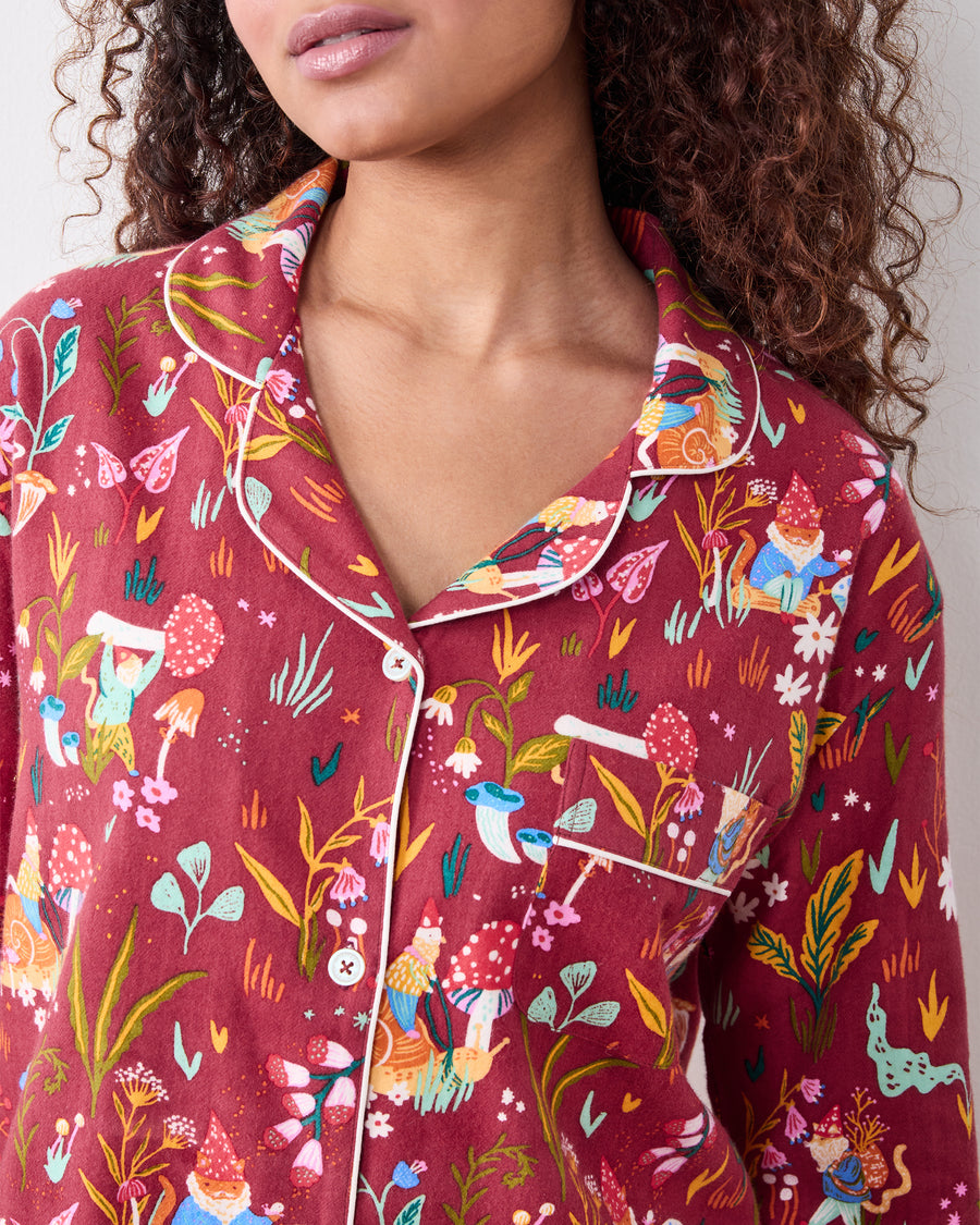 Gnome Garden - Midweight Flannel Long PJ Set - Garnet - Printfresh