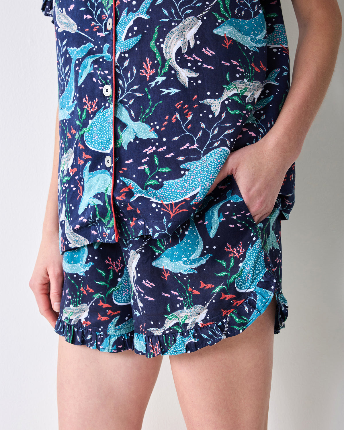 Close view of the Arctic sea-life print button-front top and ruffle-trim shorts with side pockets