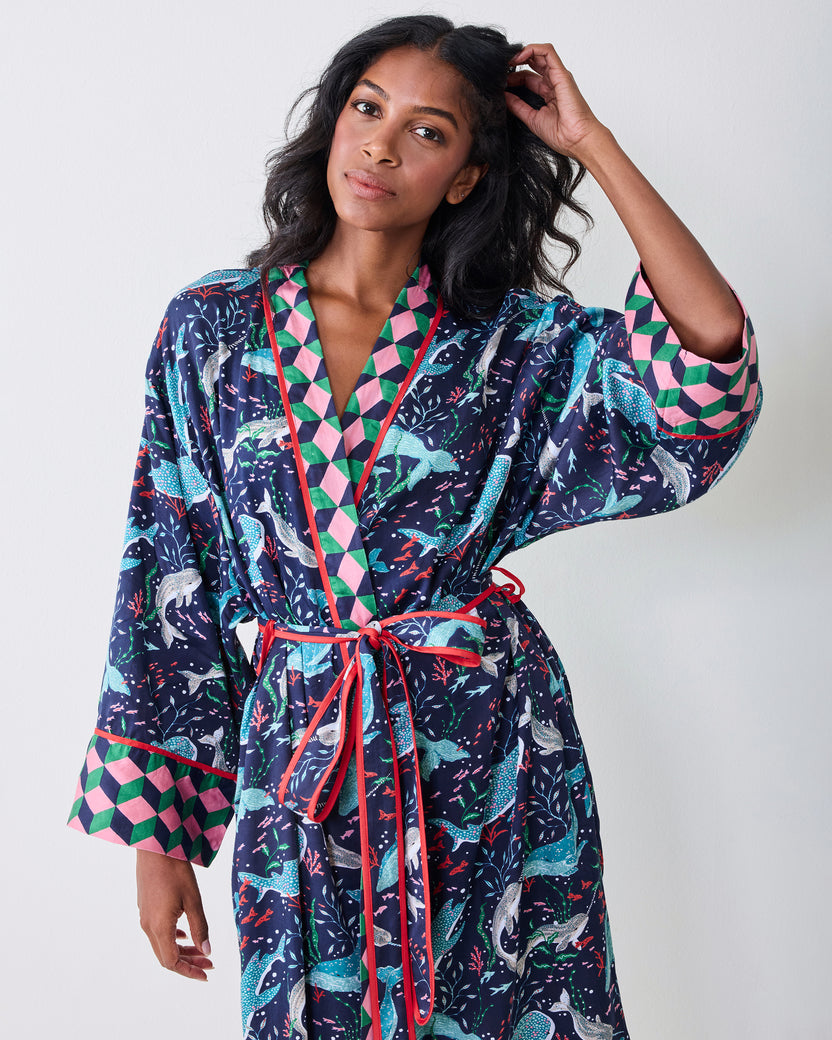 Arctic Sea Life - Eco Satin Robe - Blue Chill