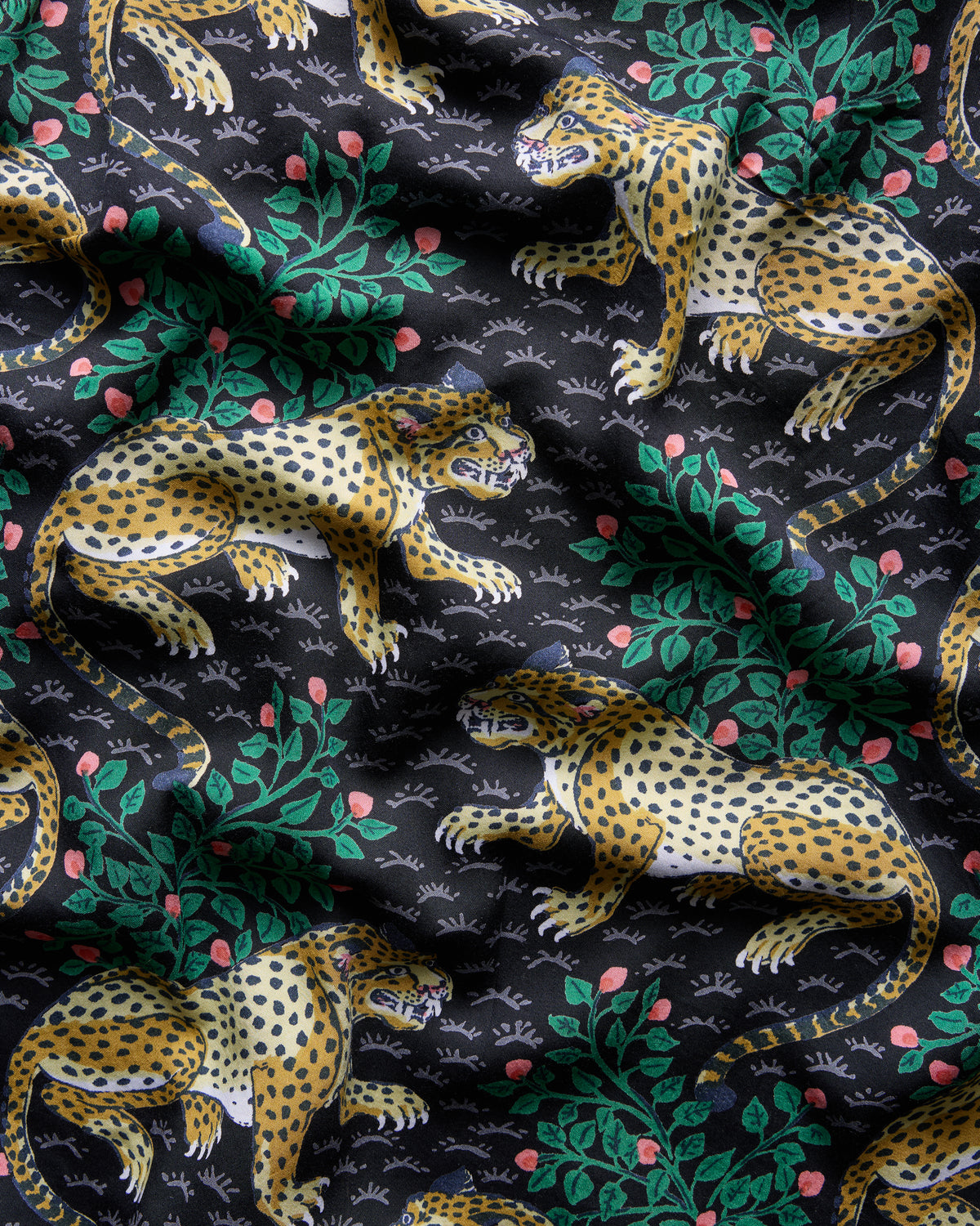 Close-up of the Bagheera Georgia Set in Ink, showing a leopard and leafy floral print.