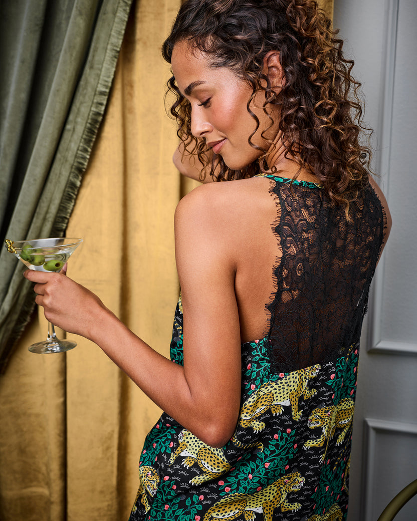 Back view of the Bagheera Eco Satin Georgia Set showing a lace back panel and leopard-and-foliage print.