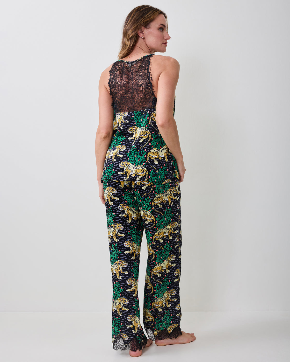 Back view of the Bagheera Eco Satin Georgia Set, showing the lace back panel on the camisole and matching printed pants.