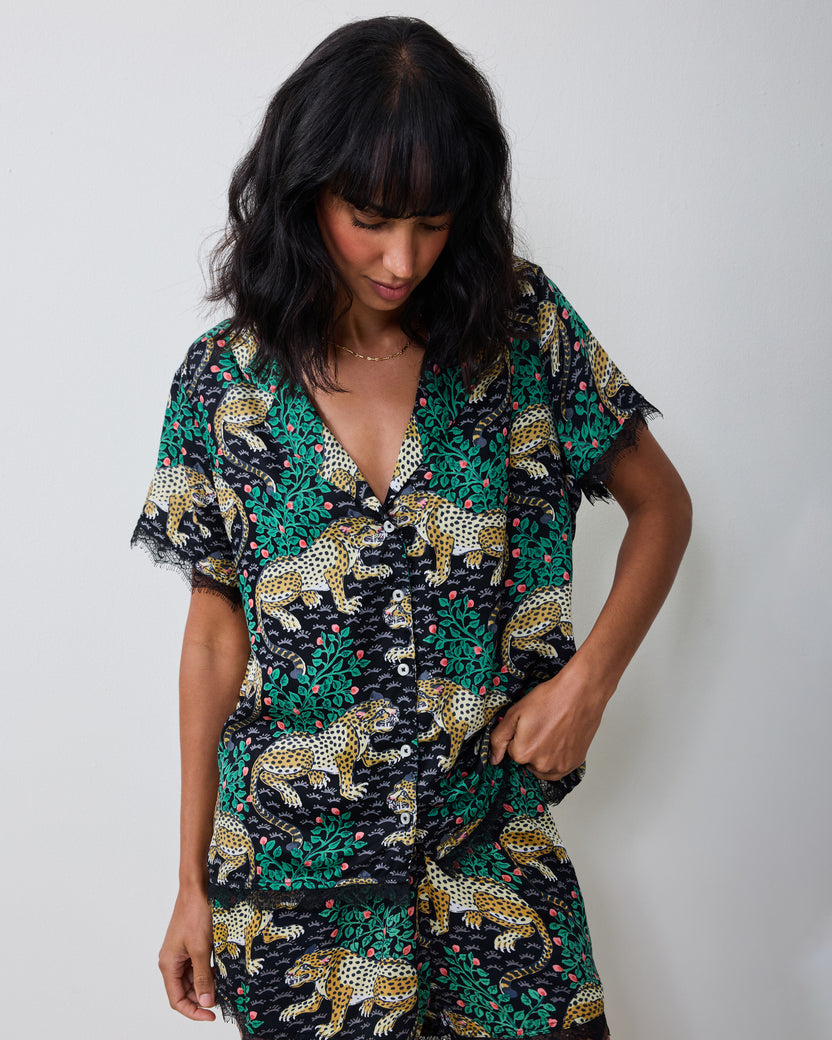 Front view of the Bagheera Eco Satin Maryanne Set in Ink, showing a short-sleeve button-front top and matching shorts with lace trim.